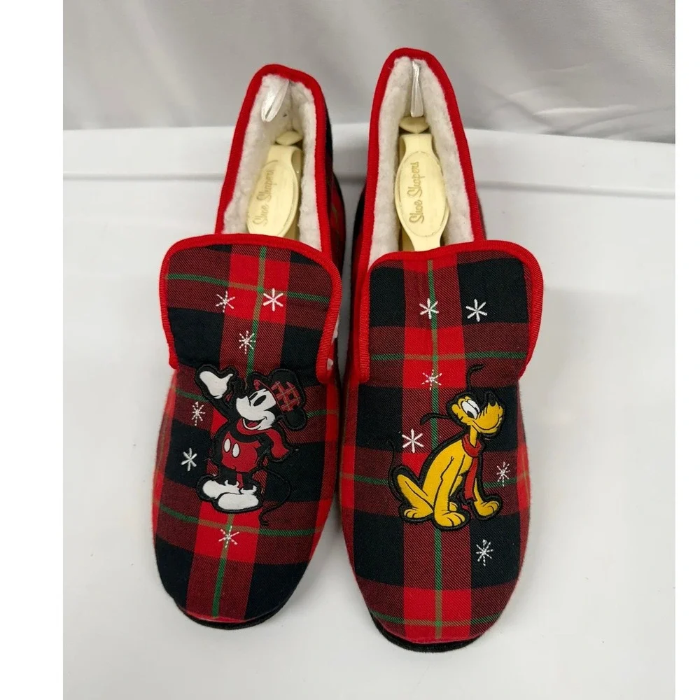 Disney Store NWOT Holiday Mickey Mouse & Pluto Plaid Adult Slippers 9/10M 11/12L